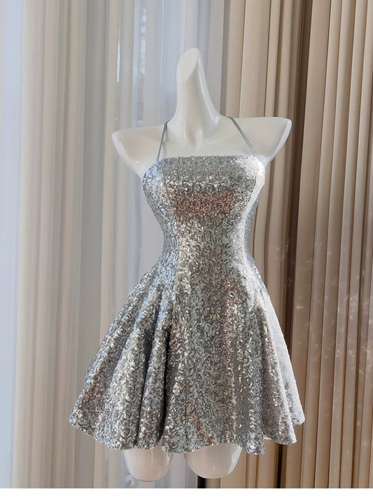 Robe de soirée courte à paillettes argentées, coupe trapèze, tenue d'anniversaire J7658