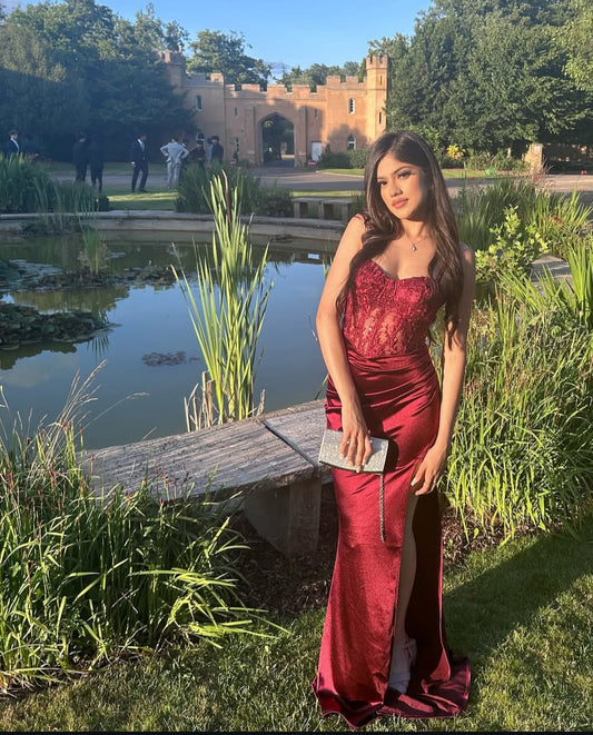 Sweetheart Mermaid Long Prom Dress Applique Burgundy Evening Dress J7859