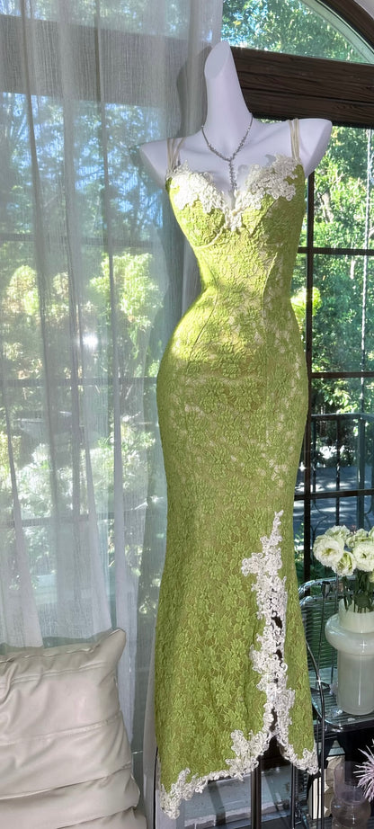 Mermaid Green Lace Long Prom Dress Vintage Formal Party Gown J8410