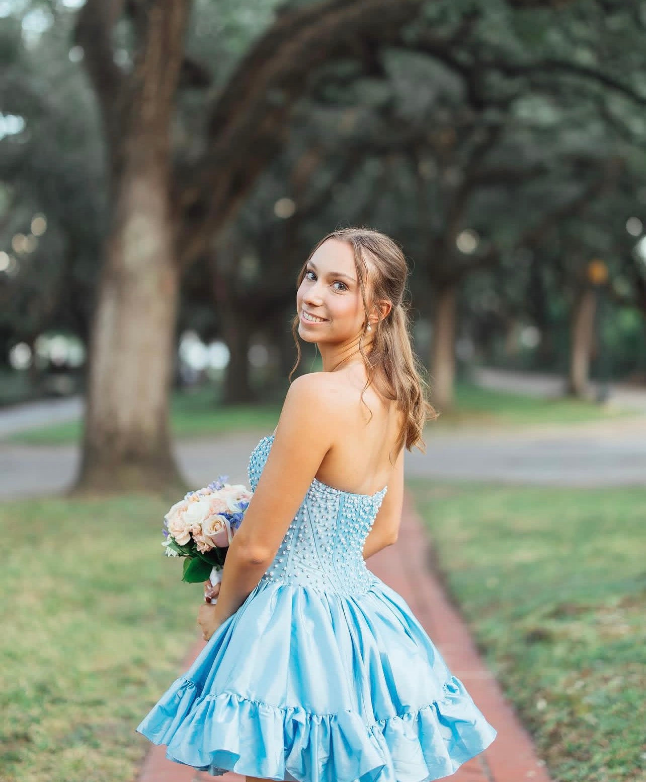 Strapless Blue Satin Homecoming Dress Pearl Beaded Short Dress  J10638