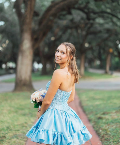 Strapless Blue Satin Homecoming Dress Pearl Beaded Short Dress  J10638