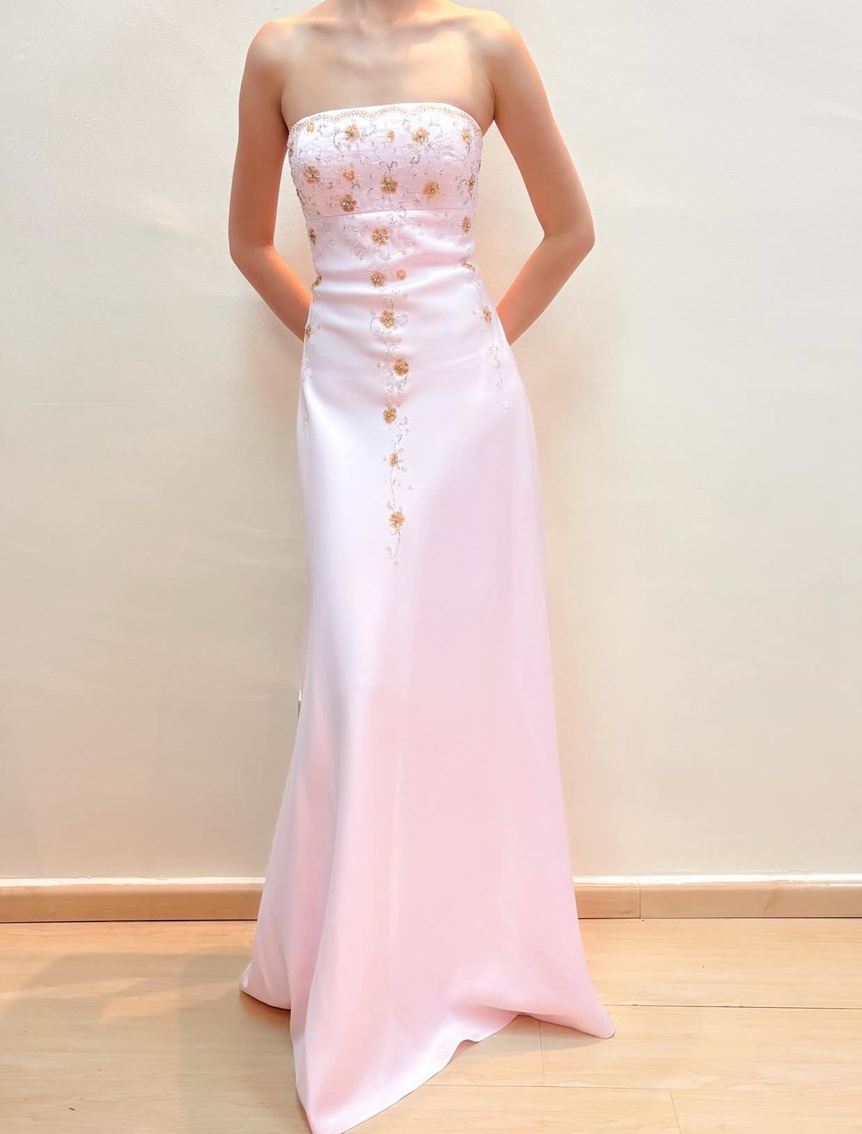 Beaded Strapless Pink Long Prom Dress Vintage Evening Dress J8576