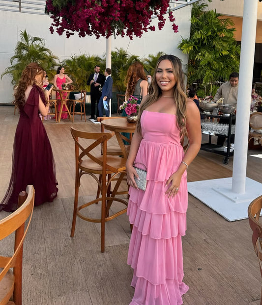 Robe de bal à volants en mousseline rose, coupe trapèze, robe d'invitée de mariage, J7786