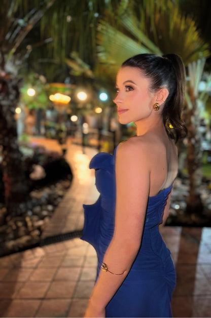 Robe fourreau bleue fendue pour invité de mariage J7833