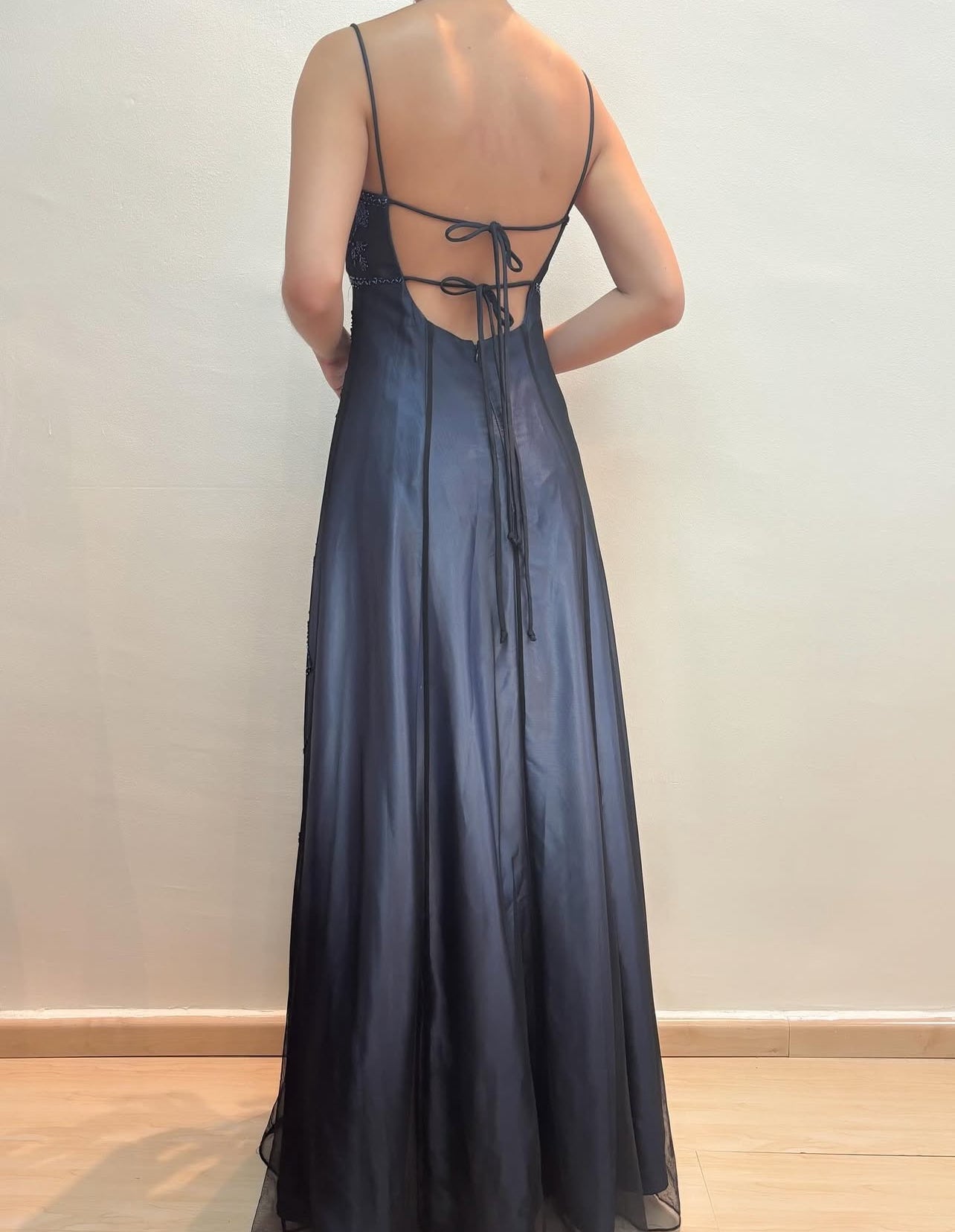 Spaghetti Straps A Line Beaded Blue Vintage Long Prom Dress J8582