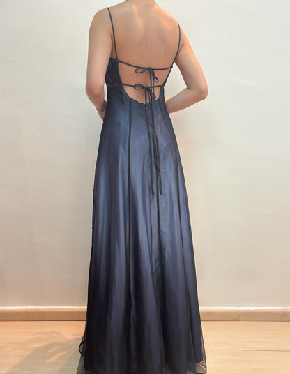 Spaghetti Straps A Line Beaded Blue Vintage Long Prom Dress J8582