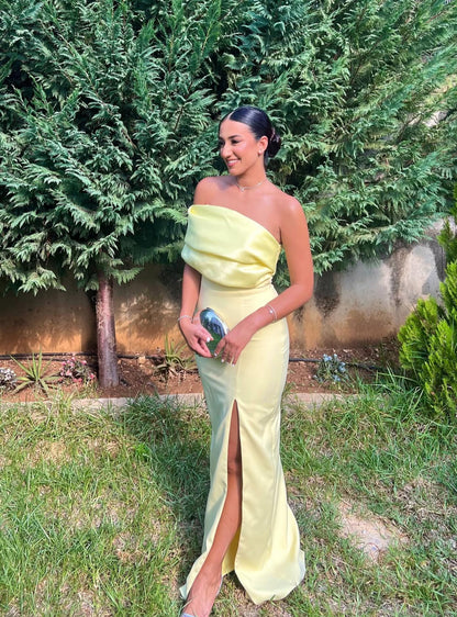 Strapless Mermaid Yellow Long Prom Dress Slit Wedding Guest Dress J8028