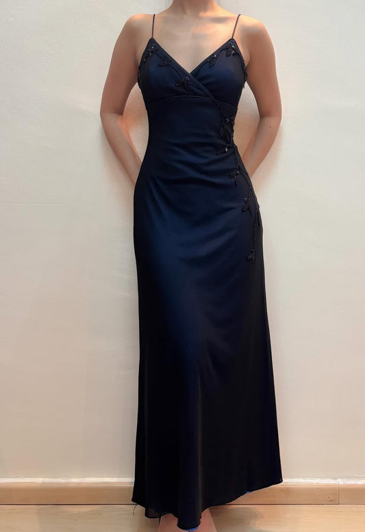 Spaghettiträger Marineblau Langes Ballkleid Perlenbesetztes Abendkleid J8550