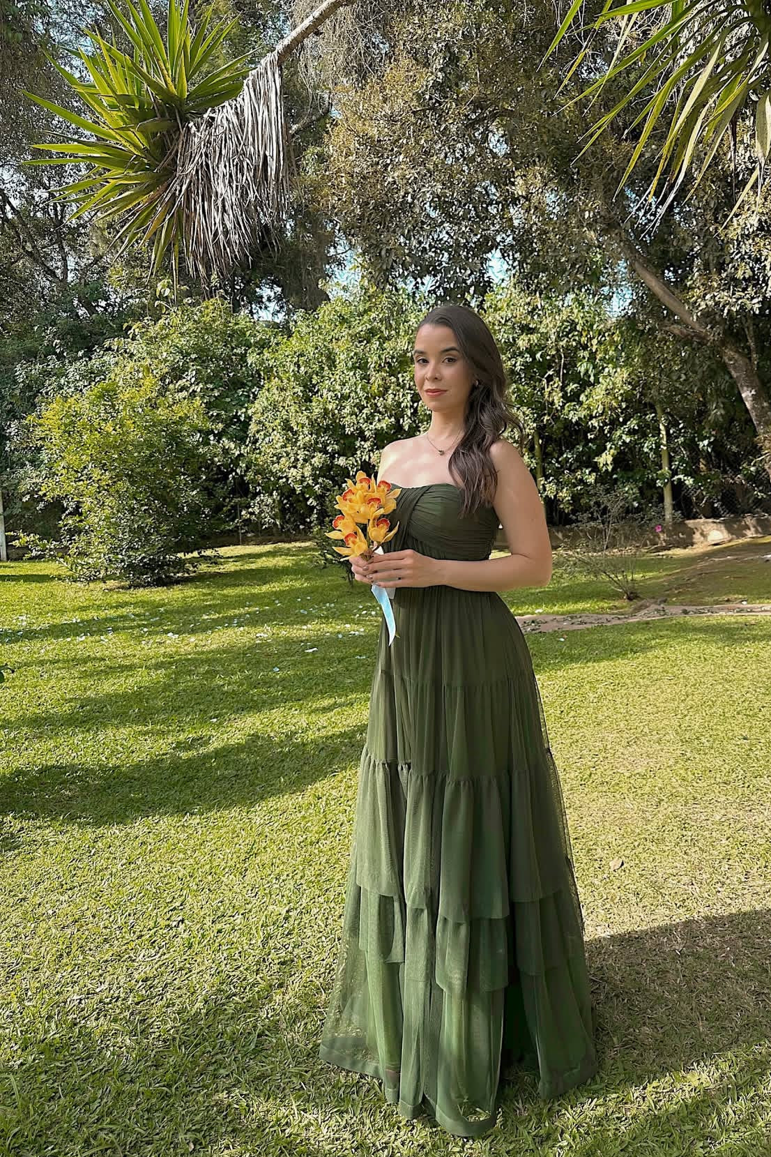 Robe de mariée bustier coupe trapèze verte en mousseline de soie, robe de bal J7759