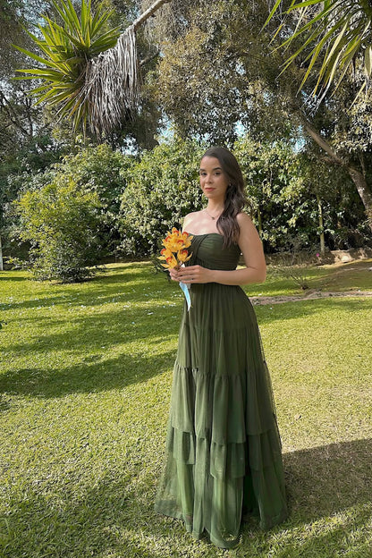 Robe de mariée bustier coupe trapèze verte en mousseline de soie, robe de bal J7759