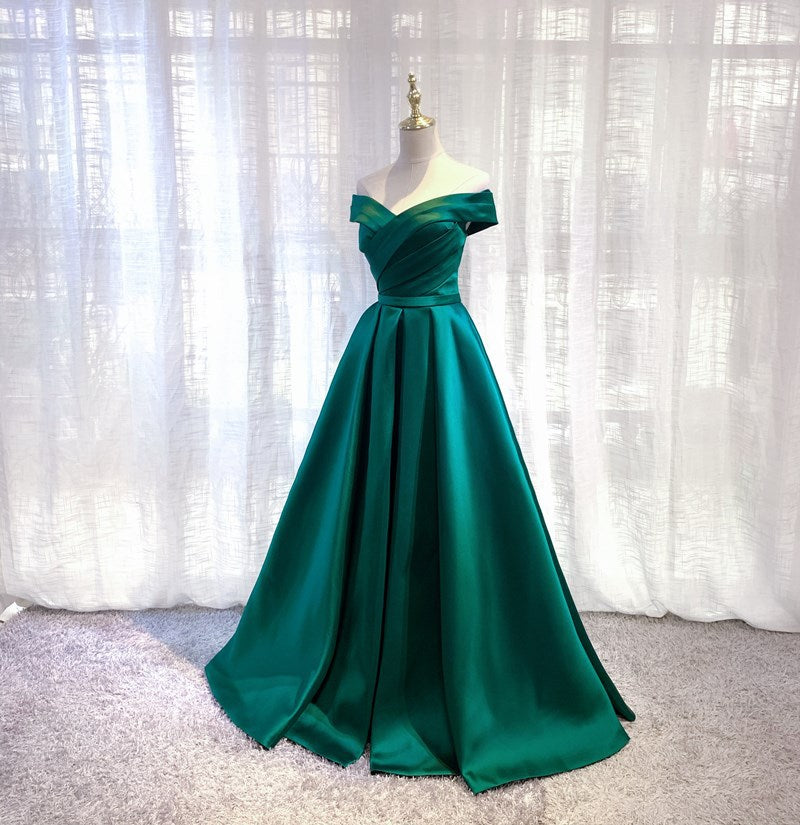 Off  Shoulder Green Long Prom Dress Satin Evening Formal Gown 258