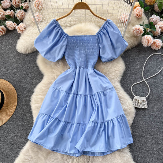 Summer Sweet Square Neck Bubble Short Sleeve Puff Dress Princess Skirt 239