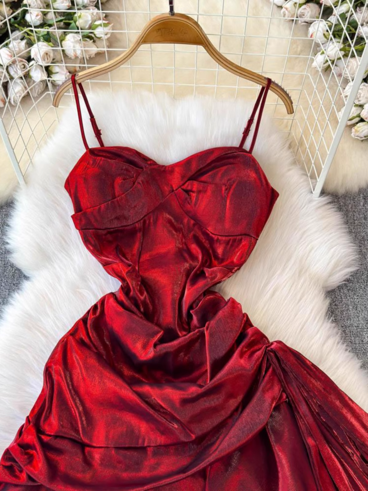 Sexy Satin Backless Dress Summer Irregular Ruffled Long Dress L45