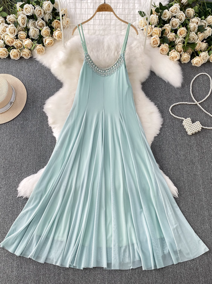 Light Blue Spaghetti Strap Dress Mesh Holiday Maxi Dress L44