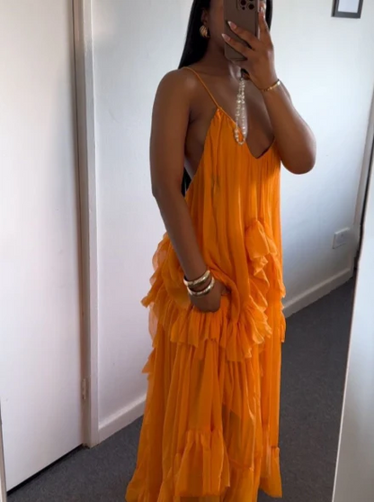 Spaghetti Straps Orange Ruffle Wedding Guest Dress J8829