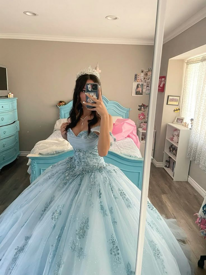 Modest Ball Gown Off The Shoulder Blue Tulle Lace Long Quinceanera Dress J8201