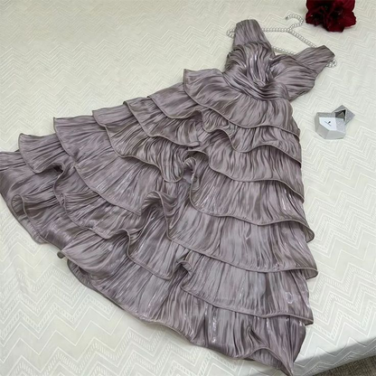 Robe de soirée rose vif à volants étagés J7749