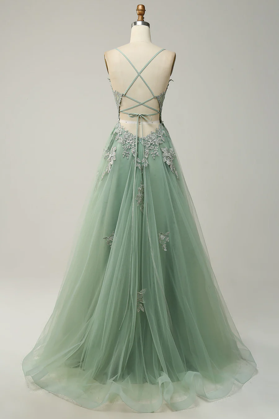 V Neck Appliques Lace-Up A-line Long Prom Dress J8342