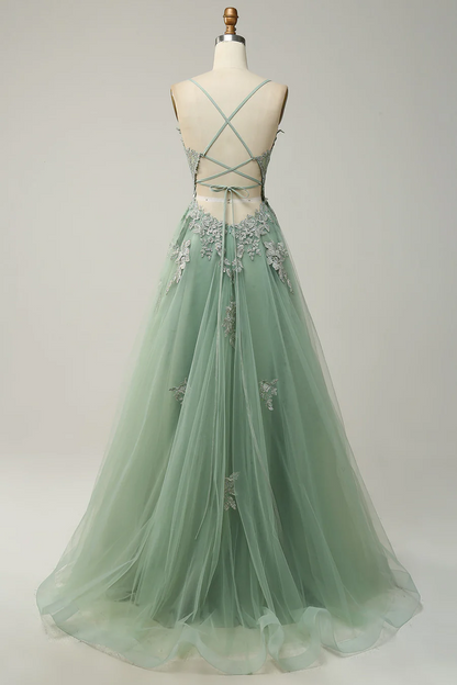 V Neck Appliques Lace-Up A-line Long Prom Dress J8342