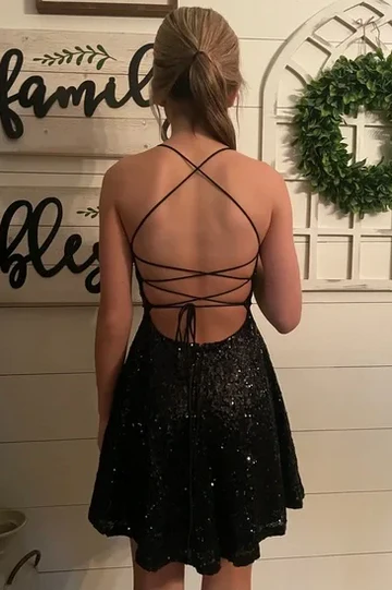 Schwarzes A-Linien-Abendkleid mit Pailletten, ärmellos, kurz, J6962