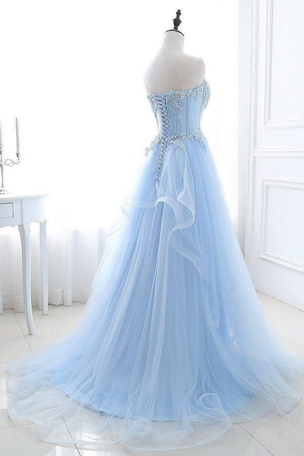 Light Blue Applique Long Prom Dress Tulle Formal Dress J8460