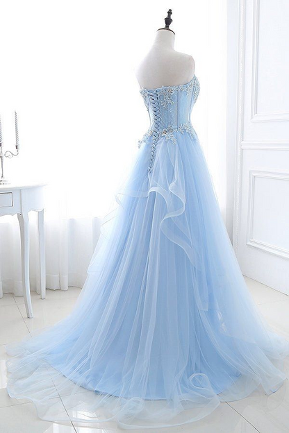 Light Blue Applique Long Prom Dress Tulle Formal Dress J8460
