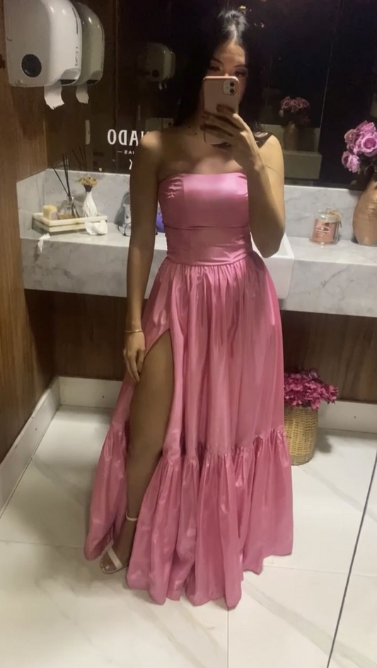 Trägerloses A-Linien-Ballkleid in Rosa mit Schlitz J7449