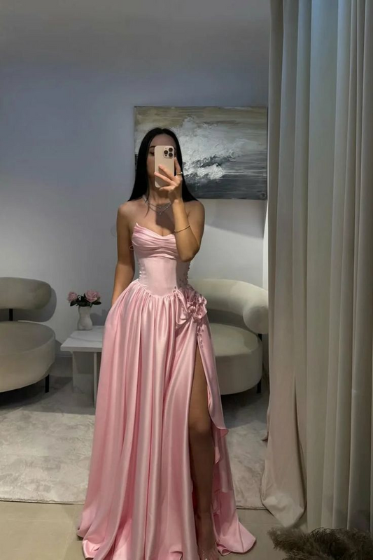 Baby Pink Sweetheart Satin Langes Ballkleid A-Linie Partykleid J8159