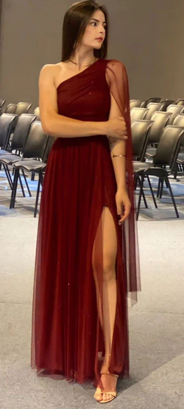 Robe de soirée longue en tulle scintillant bordeaux, élégante, J8195