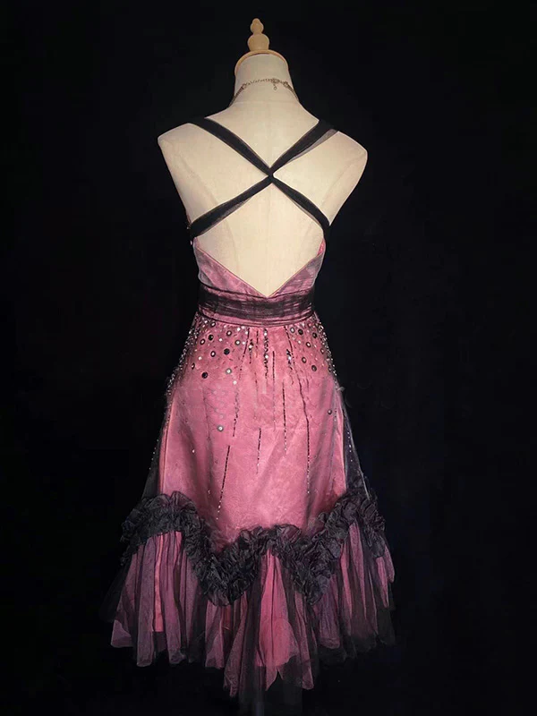 Robe de soirée courte à bretelles spaghetti et perles, coupe trapèze, J8163