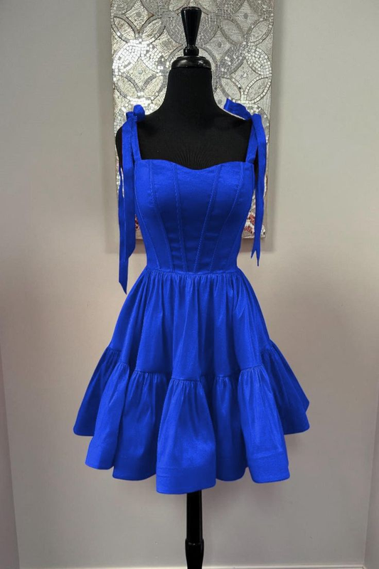 Königsblaues A-Linien-Kurzes Homecoming-Kleid mit Schleife und Satin-Rüschen J7578