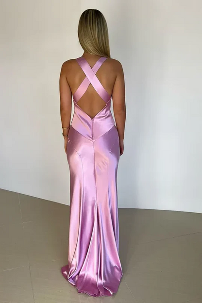 Robe de soirée longue en satin à col en V, robe de bal J8346