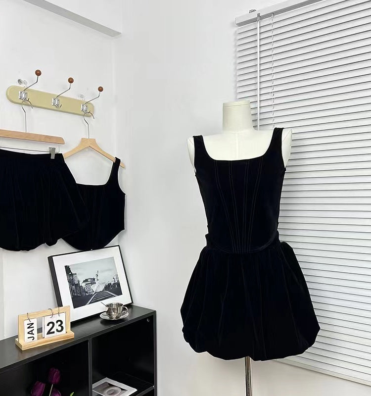 Black Velvet A-line Elegant Dress  Puffy 2PCS Set Mini Skirt L30