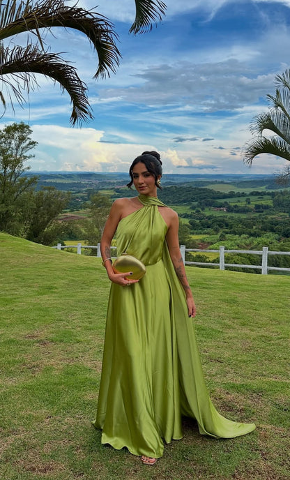 Robe de soirée formelle en satin vert coupe A pour invité de mariage J7015