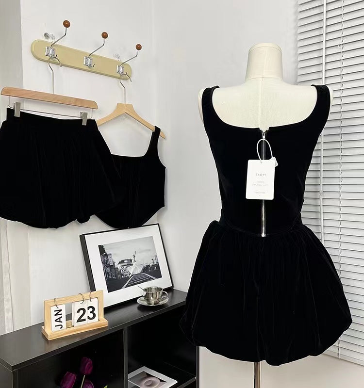 Black Velvet A-line Elegant Dress  Puffy 2PCS Set Mini Skirt L30