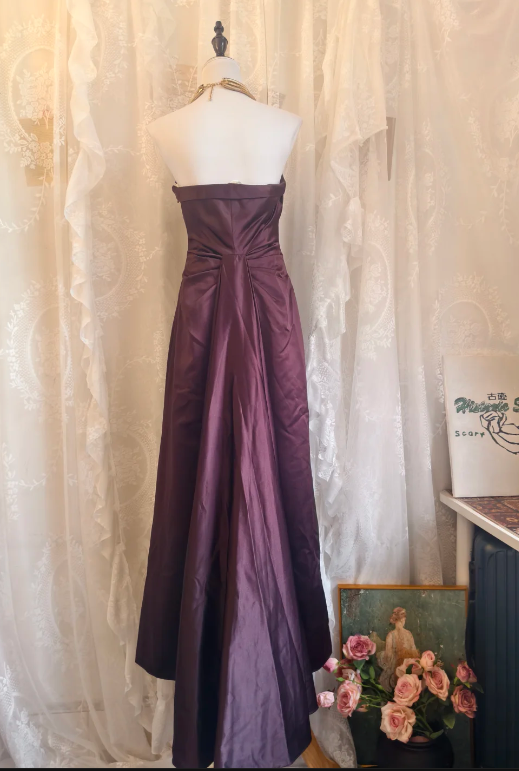 Robe de bal longue bustier bordeaux en satin, robe de soirée simple J8623
