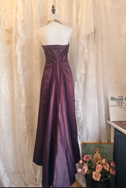 Robe de bal longue bustier bordeaux en satin, robe de soirée simple J8623