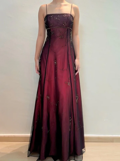 Spaghettiträger Burgunderrot Perlen Langes Ballkleid Vintage Abendkleid J8089