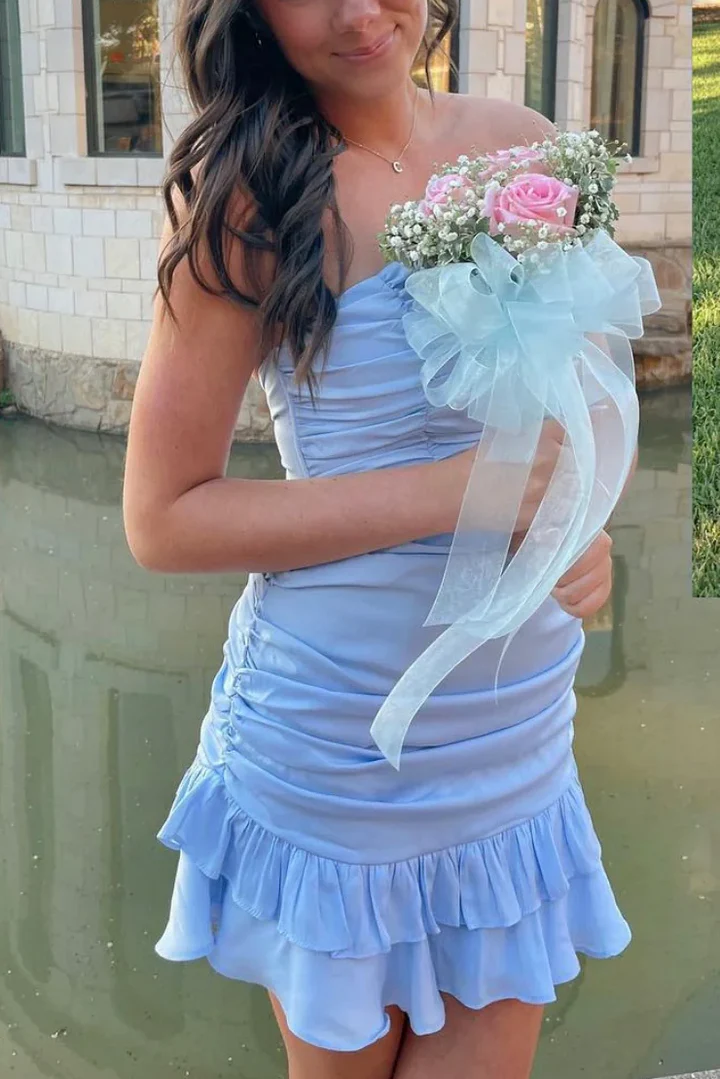Blaues trägerloses Mini-Cocktailkleid mit Rüschen J6969