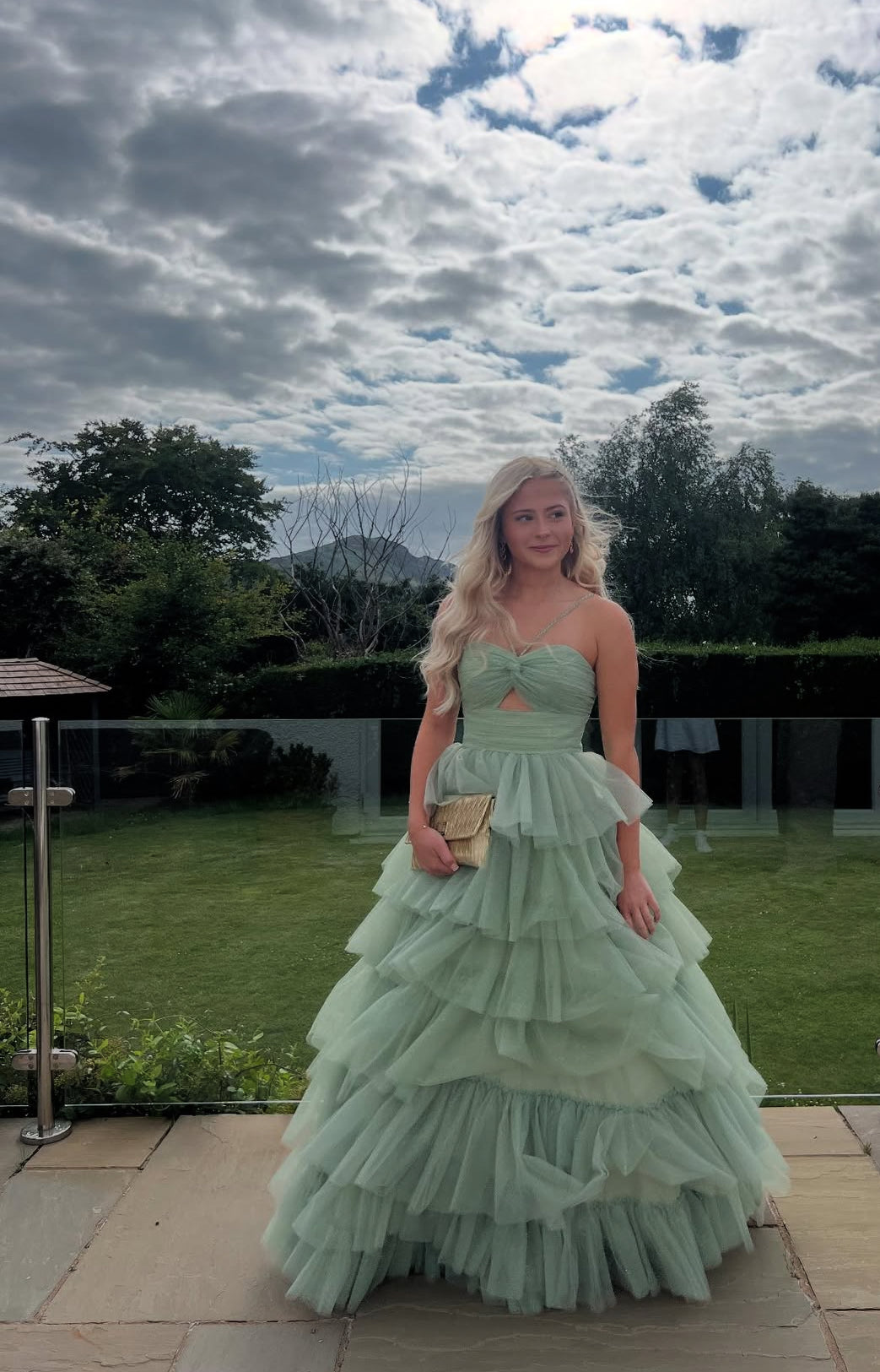 A Line Green Long Prom Dress Tiered Graduation Dress J7896