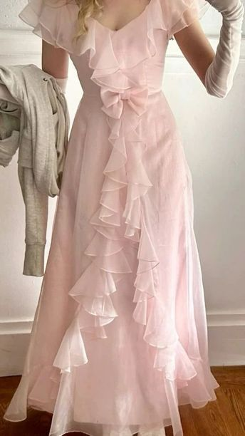 Rosa Chiffon Rüschen Abendkleid Formales A-Linie Ballkleid J8200