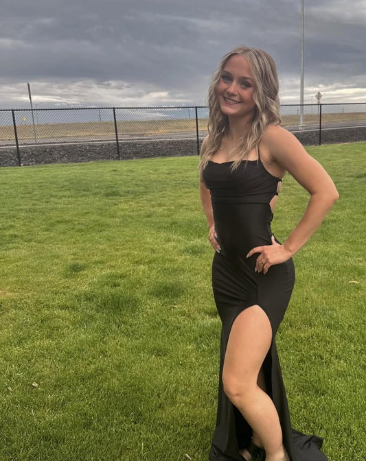 Rückenfreies schwarzes langes Ballkleid Sexy Abschlusskleid J7893