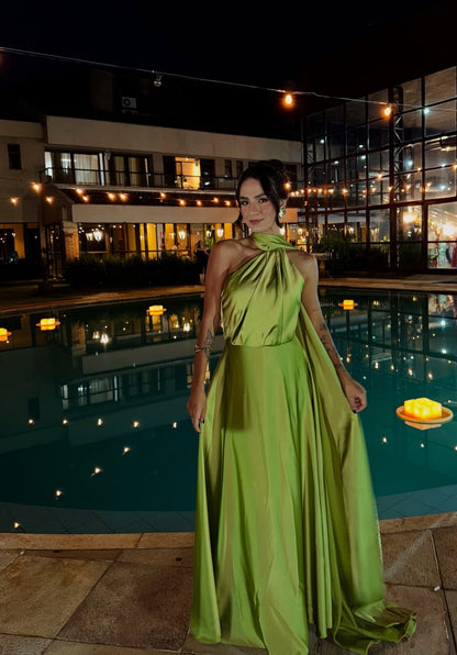 Robe de soirée formelle en satin vert coupe A pour invité de mariage J7015