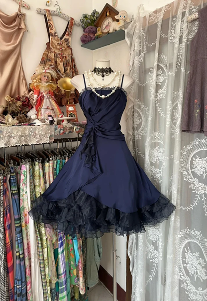 A Line Navy Blue Birthday Outfit Vintage Short Party Dress Homecoming Dress J7012