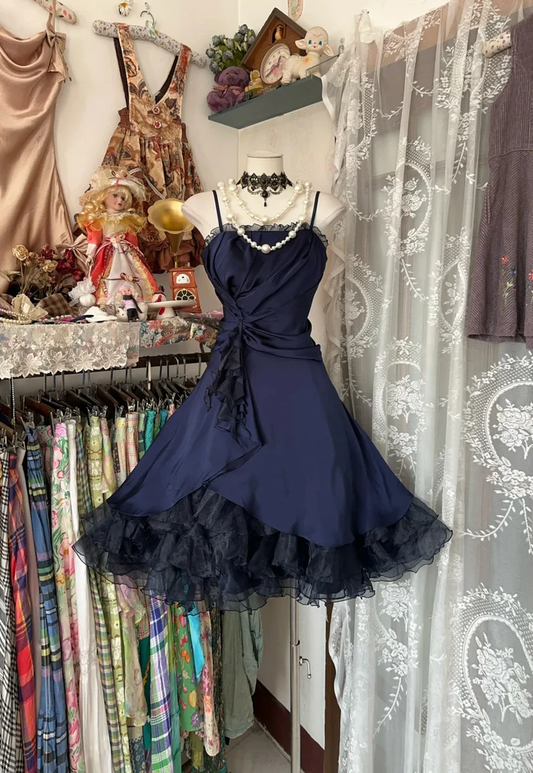 A Line Navy Blue Birthday Outfit Vintage Short Party Dress Homecoming Dress J7012