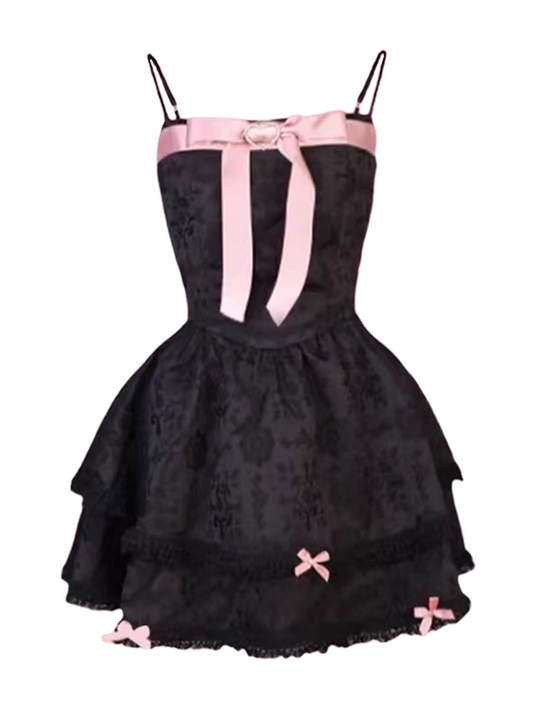 Black Short Dress with Pink  Summer A-line Puffy Mini Skirt L31