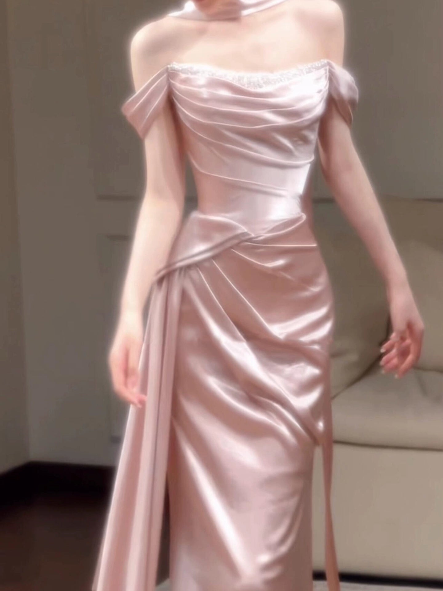 Rosa Satin Langes Abendkleid Schulterfrei Süße Abendkleider J8620