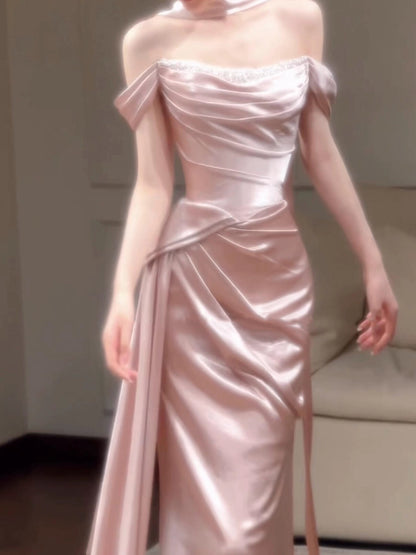 Rosa Satin Langes Abendkleid Schulterfrei Süße Abendkleider J8620
