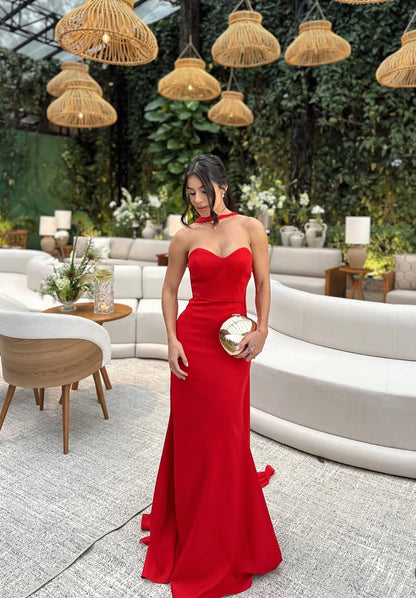 Robe de bal sirène rouge chérie, robe d'invitée de mariage J7019