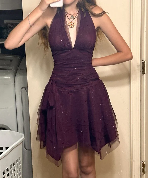 Sparkling Purple V Neck Homecoming Dress A Line Birthday Dress J8065